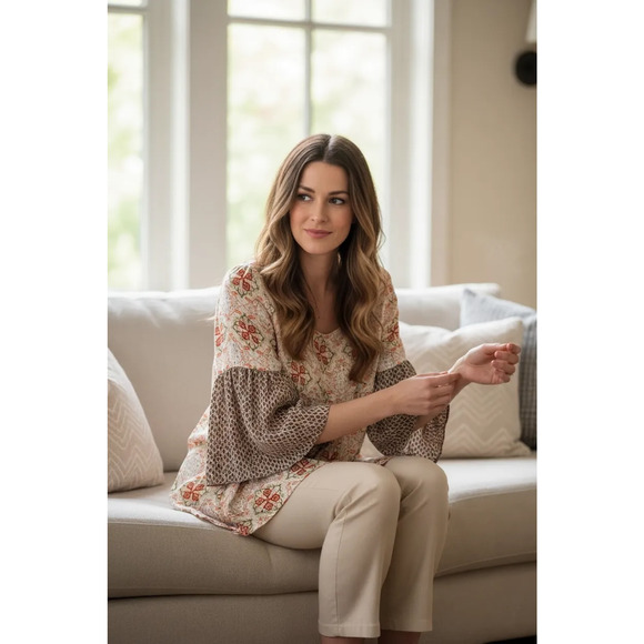 UMGEE Floral Tunic Bell Sleeve Floral Orange White Top Boho Peasant Medium - Picture 1 of 7